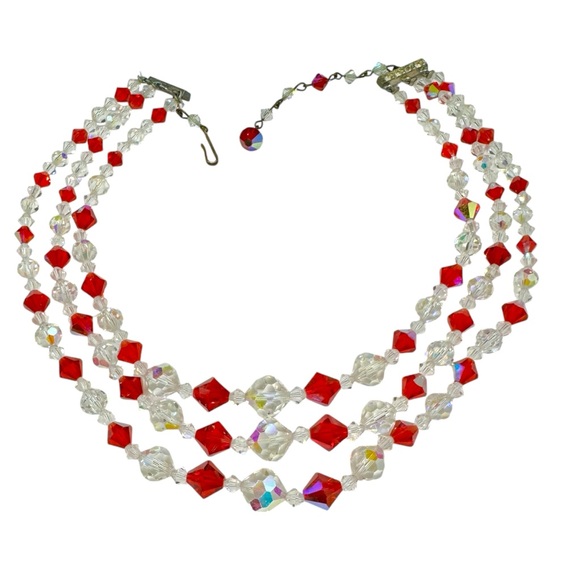 Vintage 3 Strand Ruby Red & Clear Aurora Borealis Crystal Necklace - Picture 2 of 7